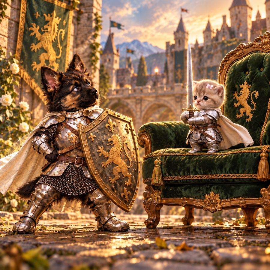 dog wif shield confronting a tiny sword kitten with a pink bow who has stolen his green chair